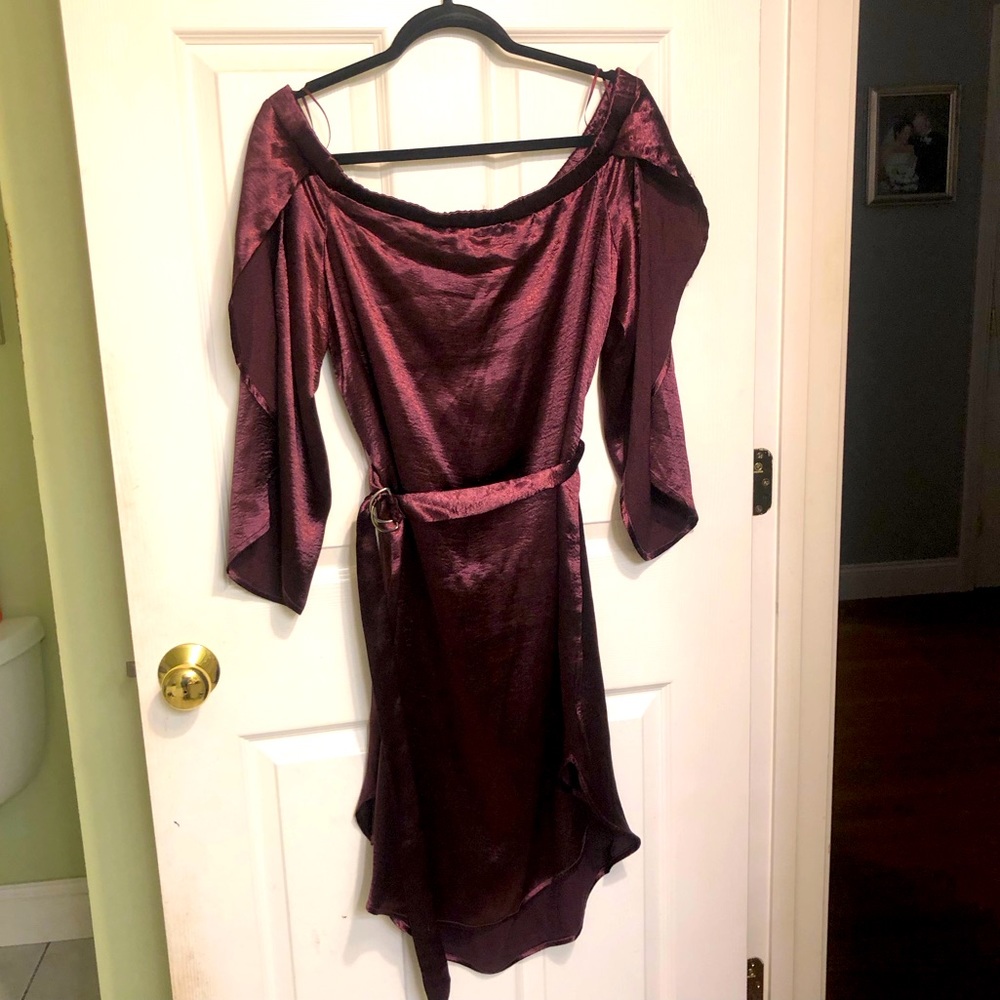 NWT purple satin off shoulder belted dress large